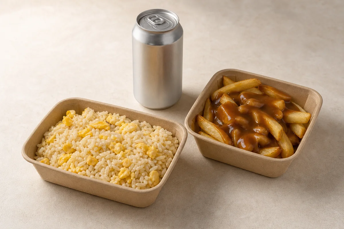 Value Meal with Egg Fried Rice, Curry Chips and a can drink