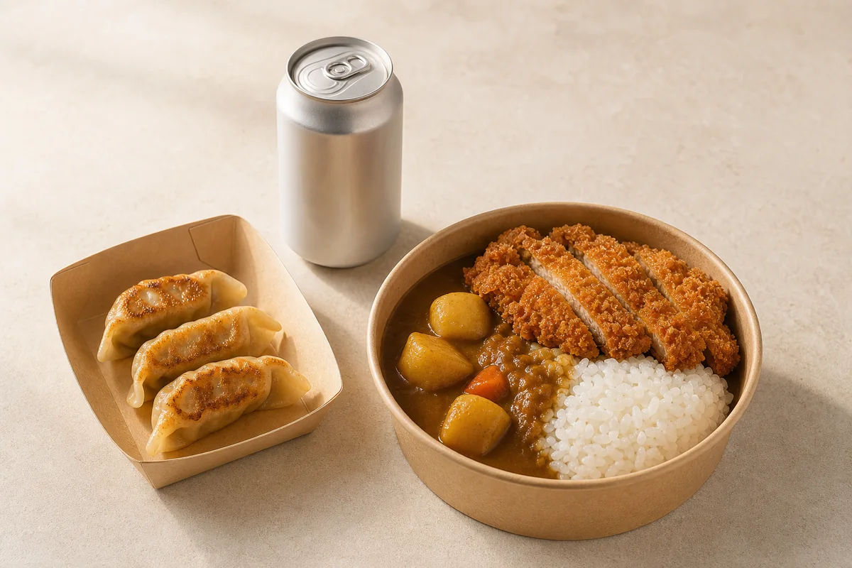 Katsu Meal with Chicken Katsu Curry Rice, three Chicken Gyoza and a can drink