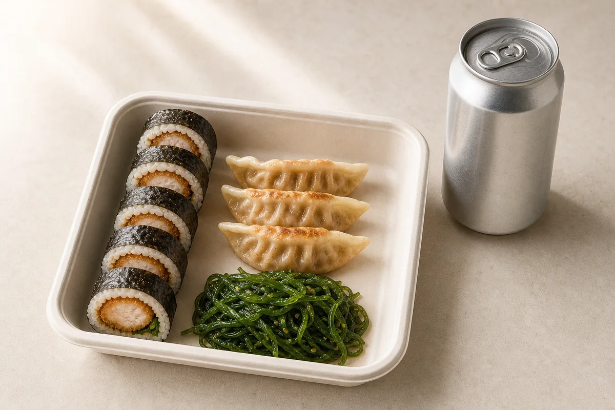 Kaya Nori Box with six Chicken Katsu Roll pieces, three Chicken Gyoza, seaweed salad and a can drink